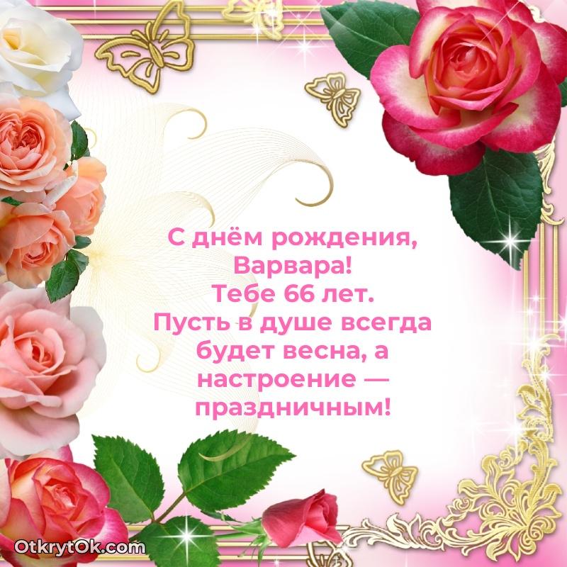 Современная открытка поздравление Варваре с Днем Рождения на 66 лет